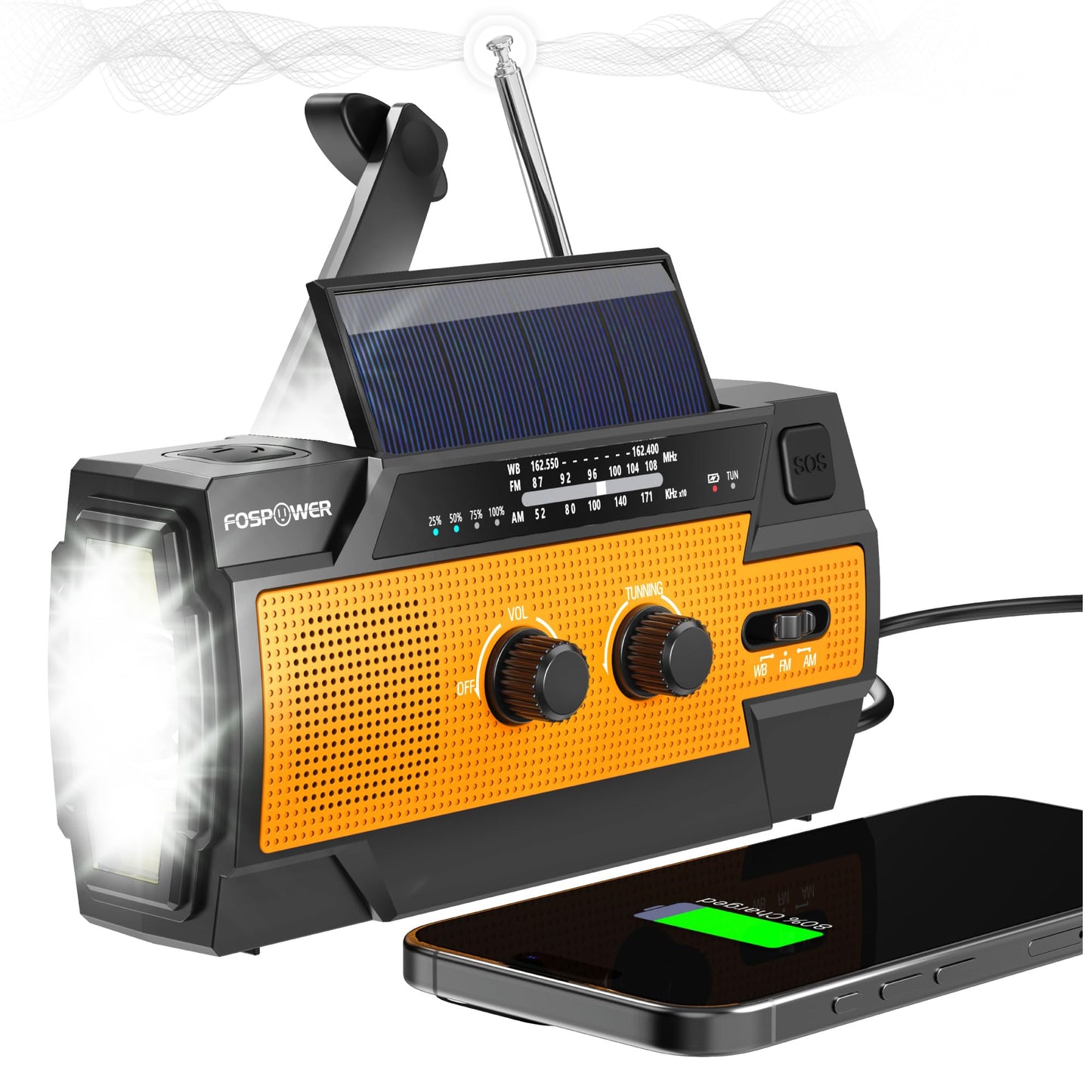 Notfall-Radio, Handkurbel und Solar, 4000mAh, Orange
