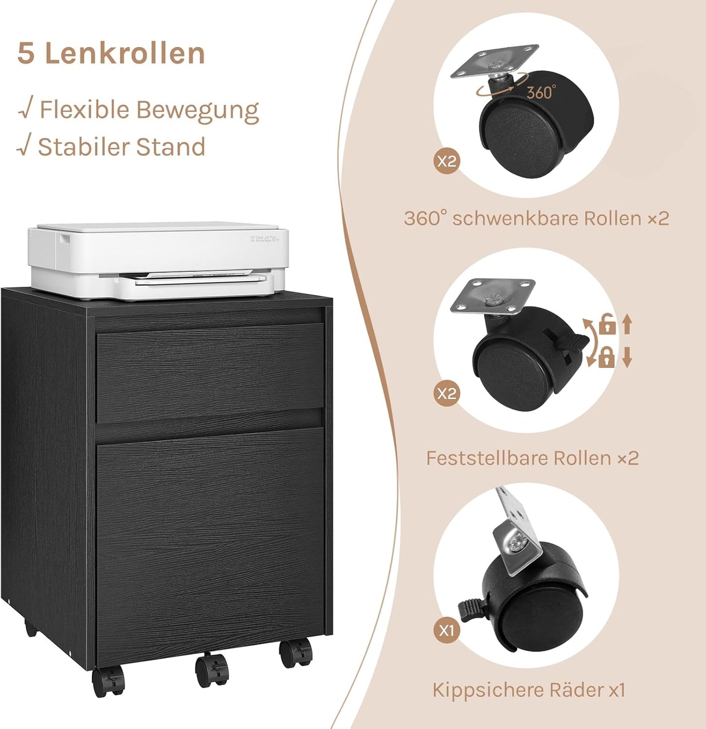 Rollcontainer mit 2 Schubladen, 2 Ablagen(40T x 40B x 56H cm) Schwarz