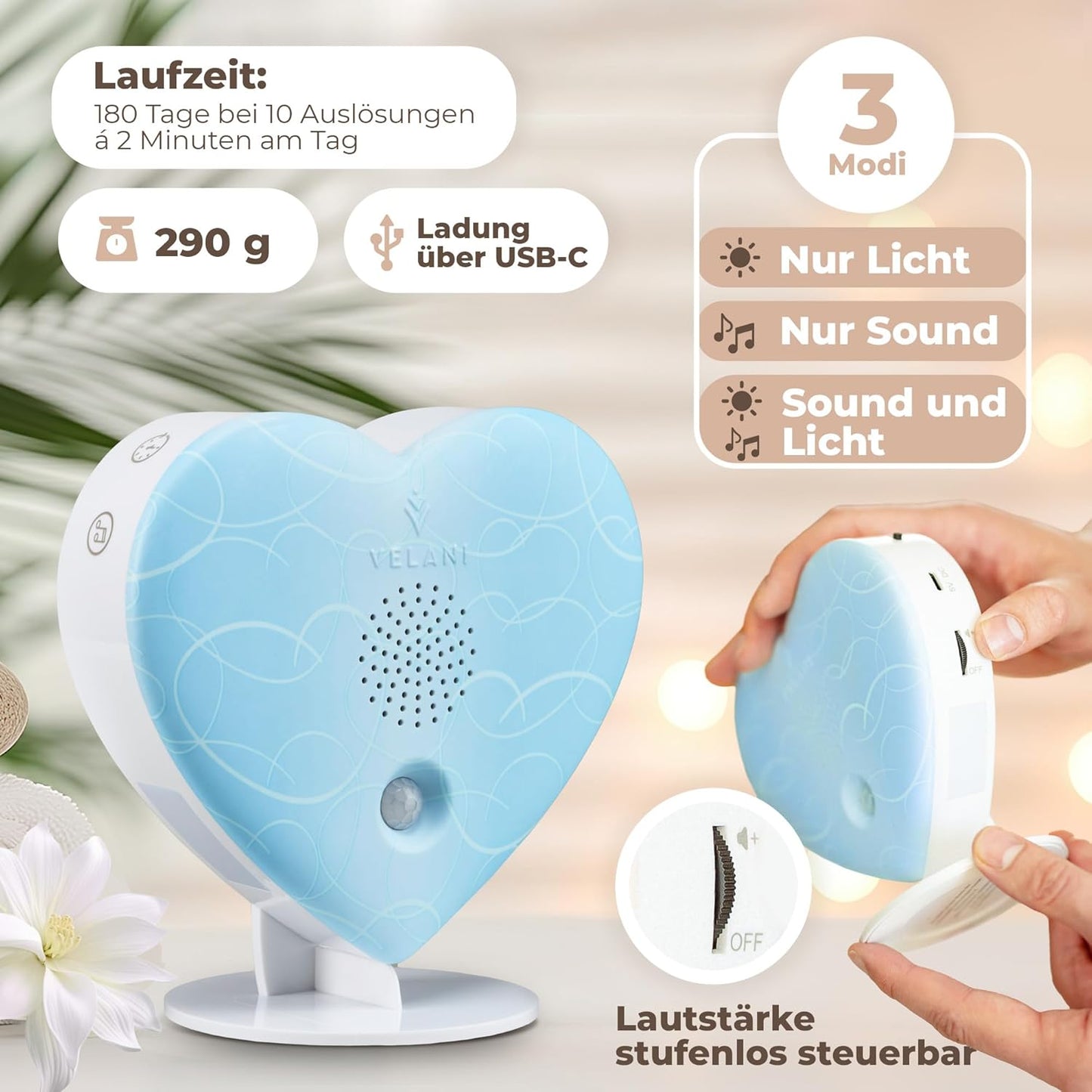 Naturgeräusche-Box mit Bewegungsmelder, Nachtlicht und 18 Klängen, Pastell-blau Herz