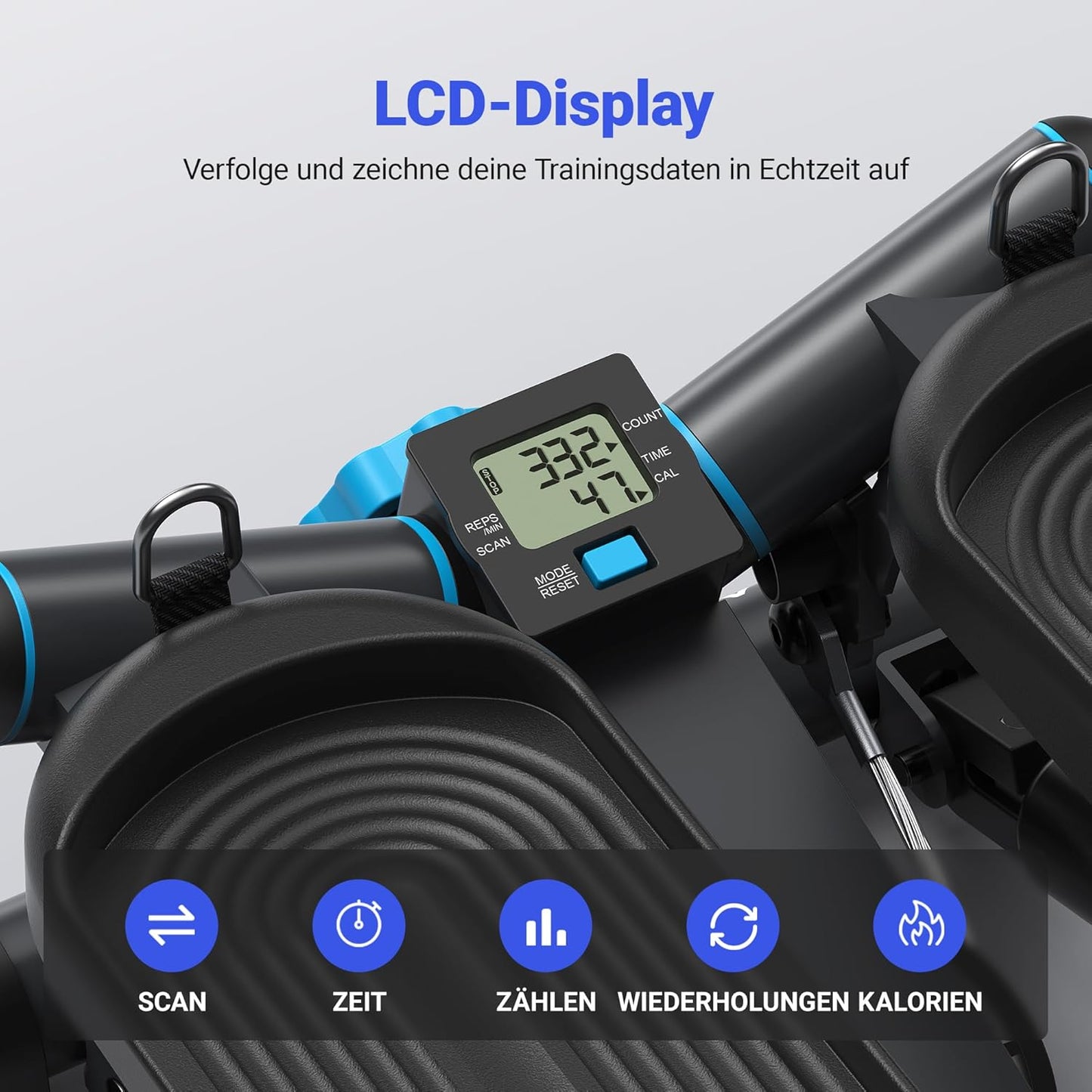2-in-1 Mini-Stepper mit LCD-Monitor und Power Ropes, blau-schwarz