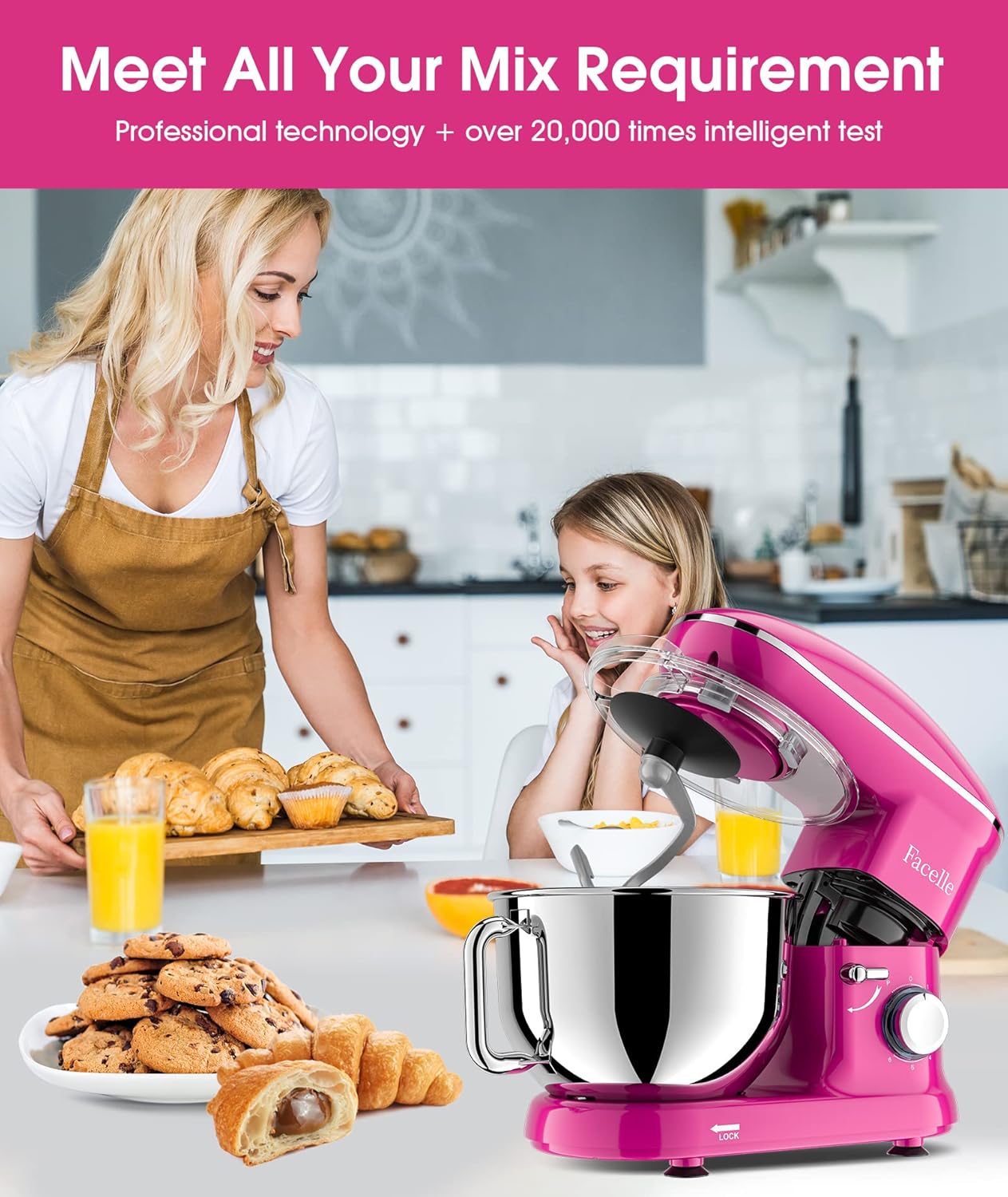 SM-1519U Teigknetmaschine inkl. Rührbesen, Knethaken, Schläger und Spritzschutz, Lila