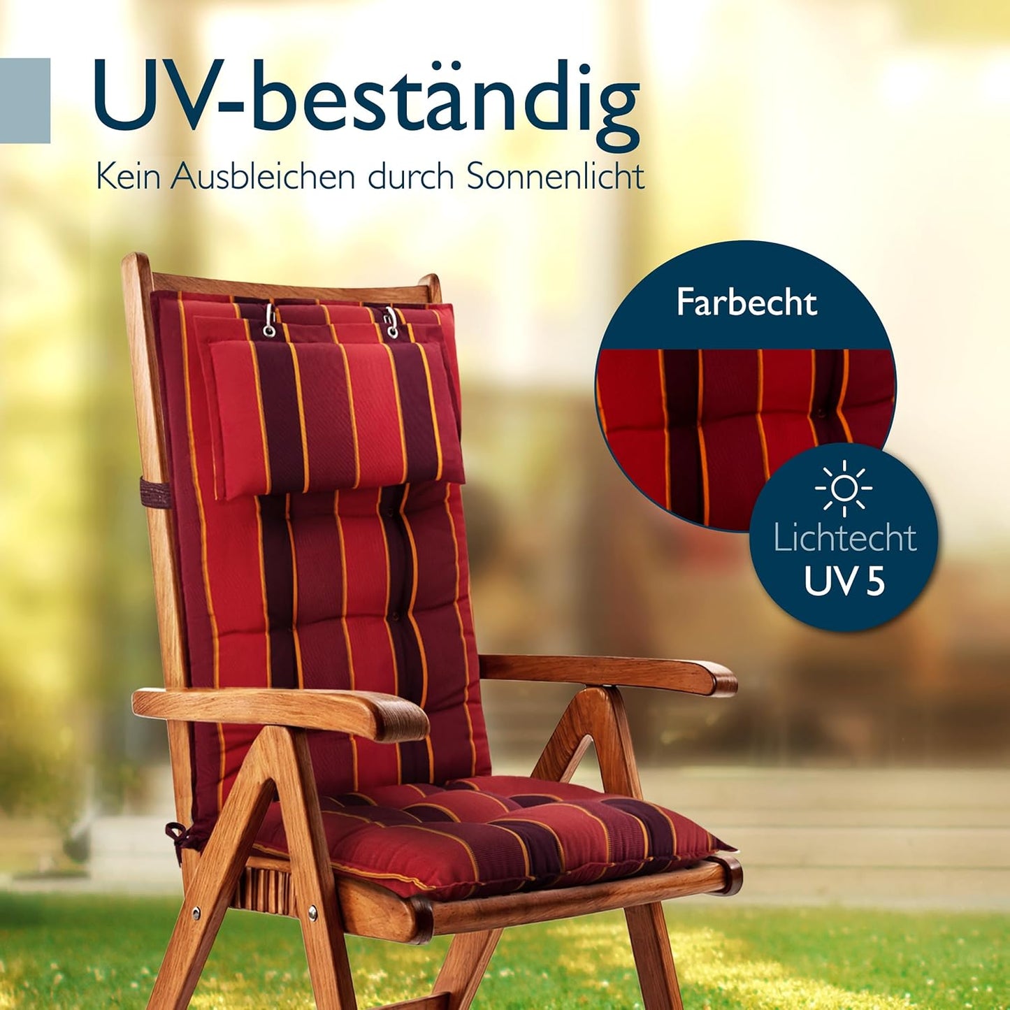 4-teiliges Hochlehner Auflagen-Set mit Kopfpolster, 4 Auflagen Rot Gestreift