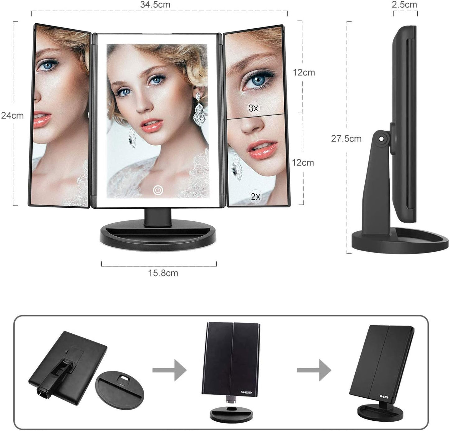 Dreifach gefalteter Kosmetikspiegel mit LED & Vergrösserung, Schwarz