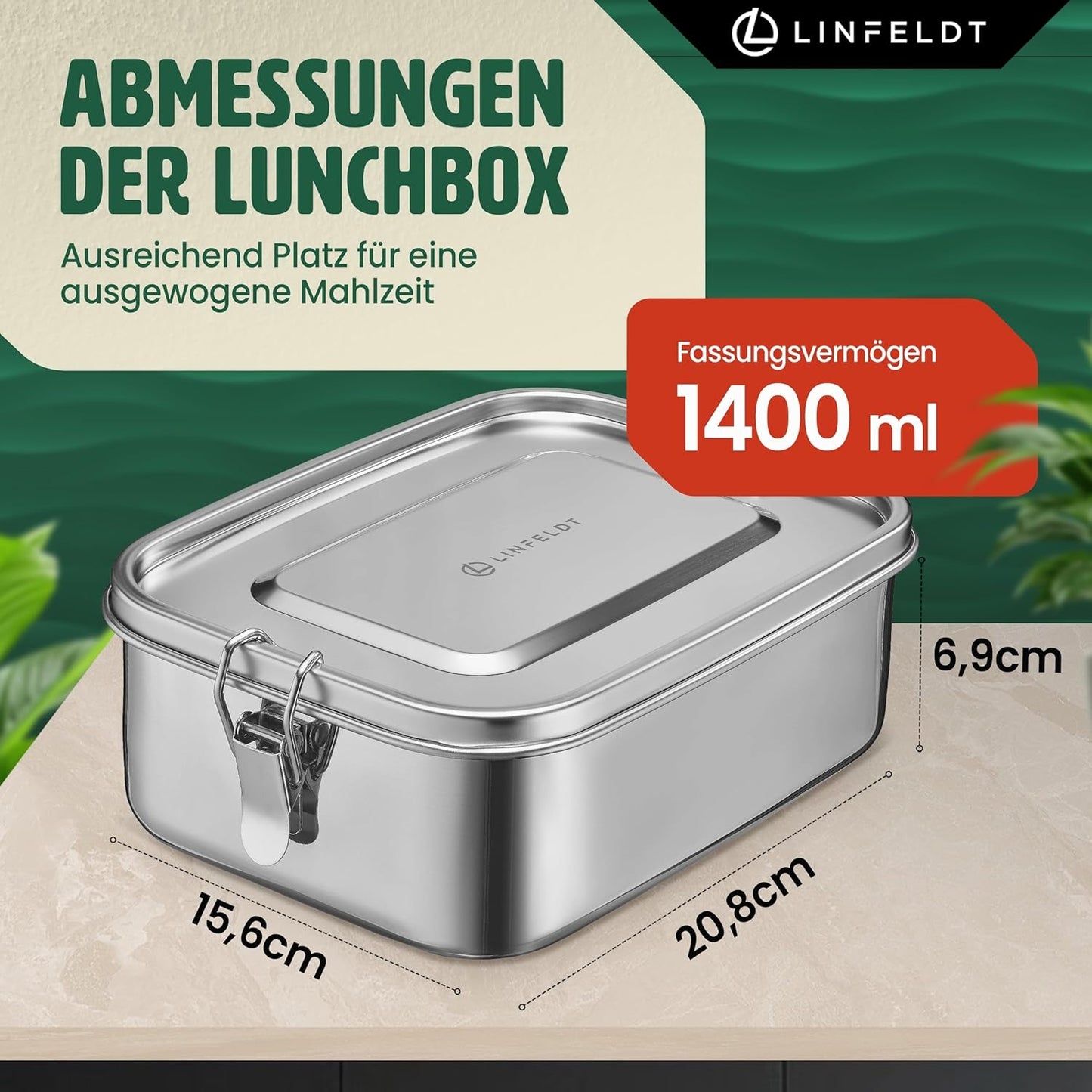 Brotdose mit 3 Fächern, Edelstahl 1400ml