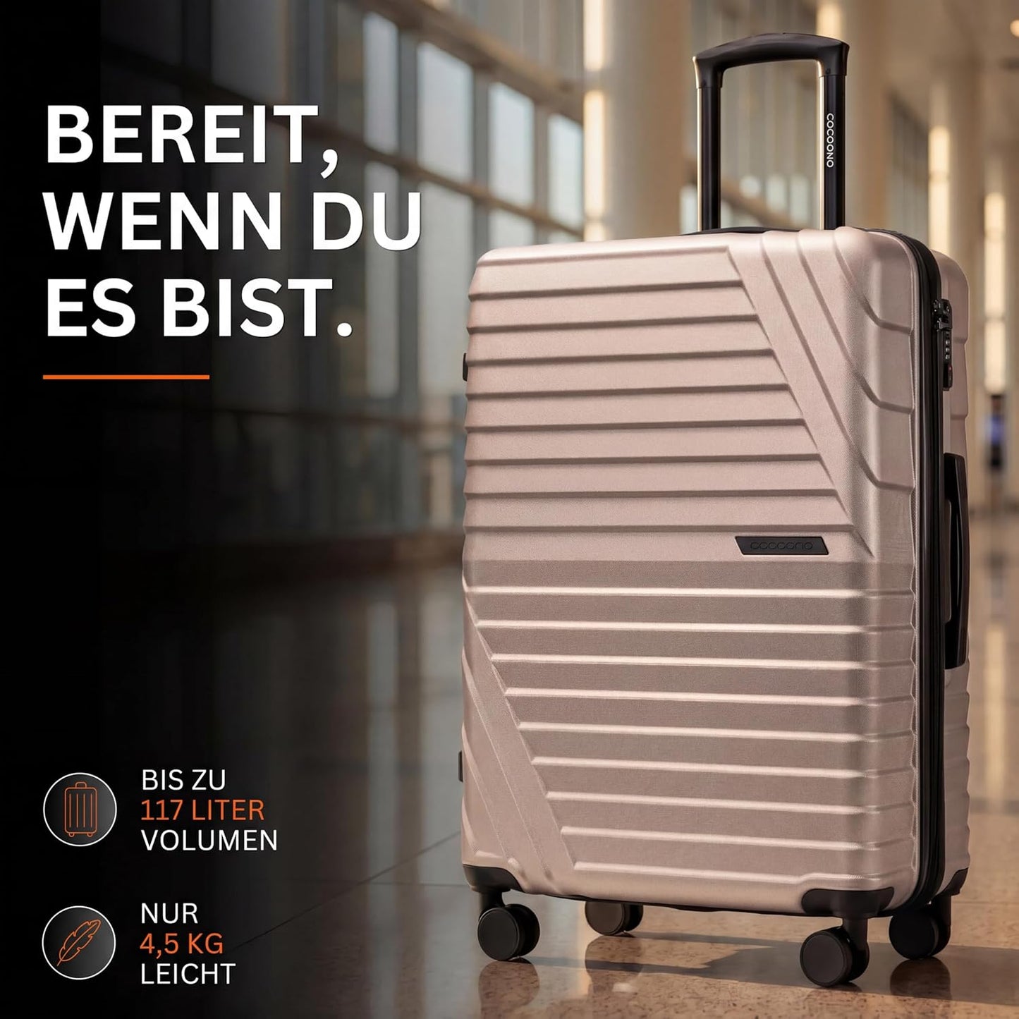 Hartschalenkoffer XL mit TSA Schloss und 4 Rollen, Champagner XL