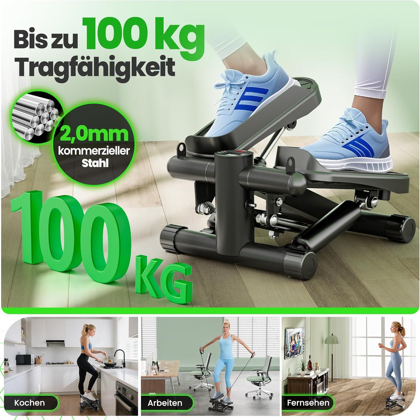 2-in-1 Mini Stepper mit Power Ropes und Display, Mini-Auf-/Ab-Schrittmotor