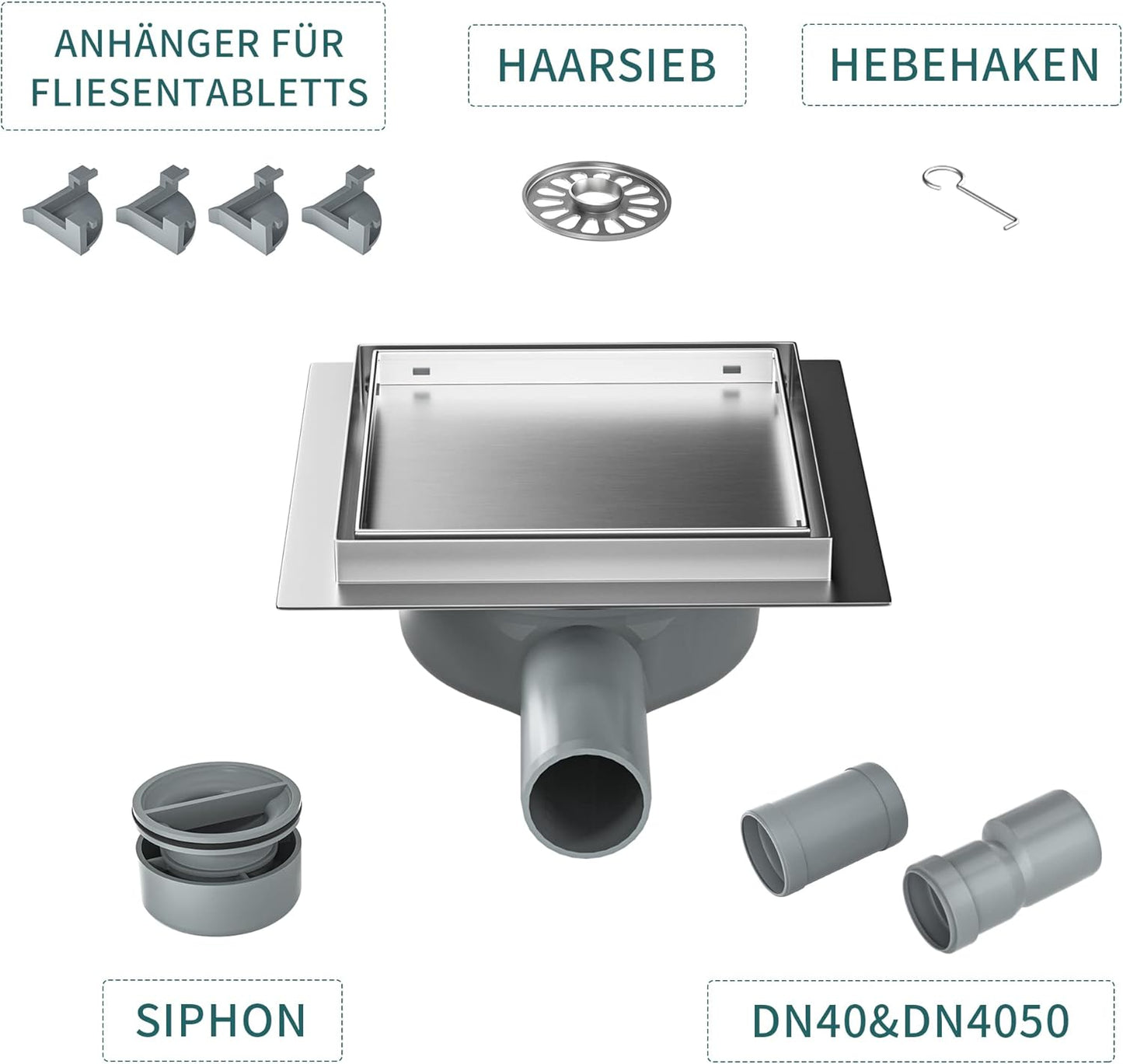 Quadratische Duschrinne mit Siphon und Haarsieb, Silber 15cm