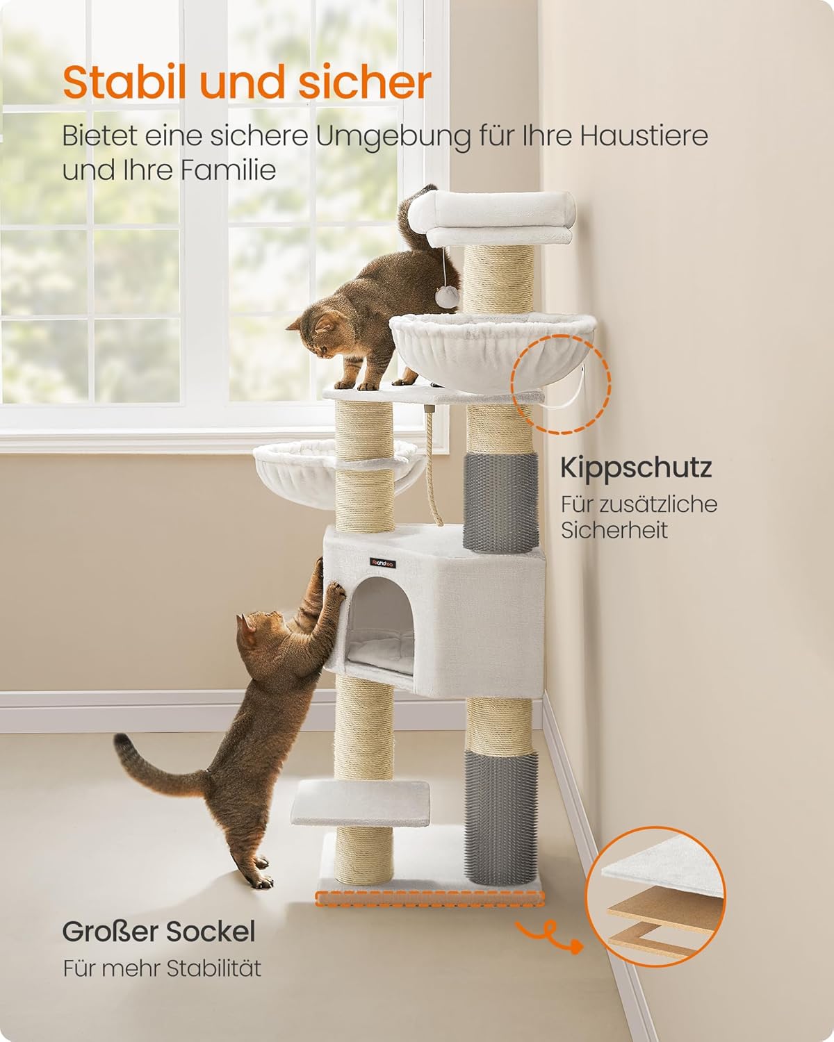 Kratzbaum für grosse Katzen mit Bürsten und Höhle, cremeweiss + beige