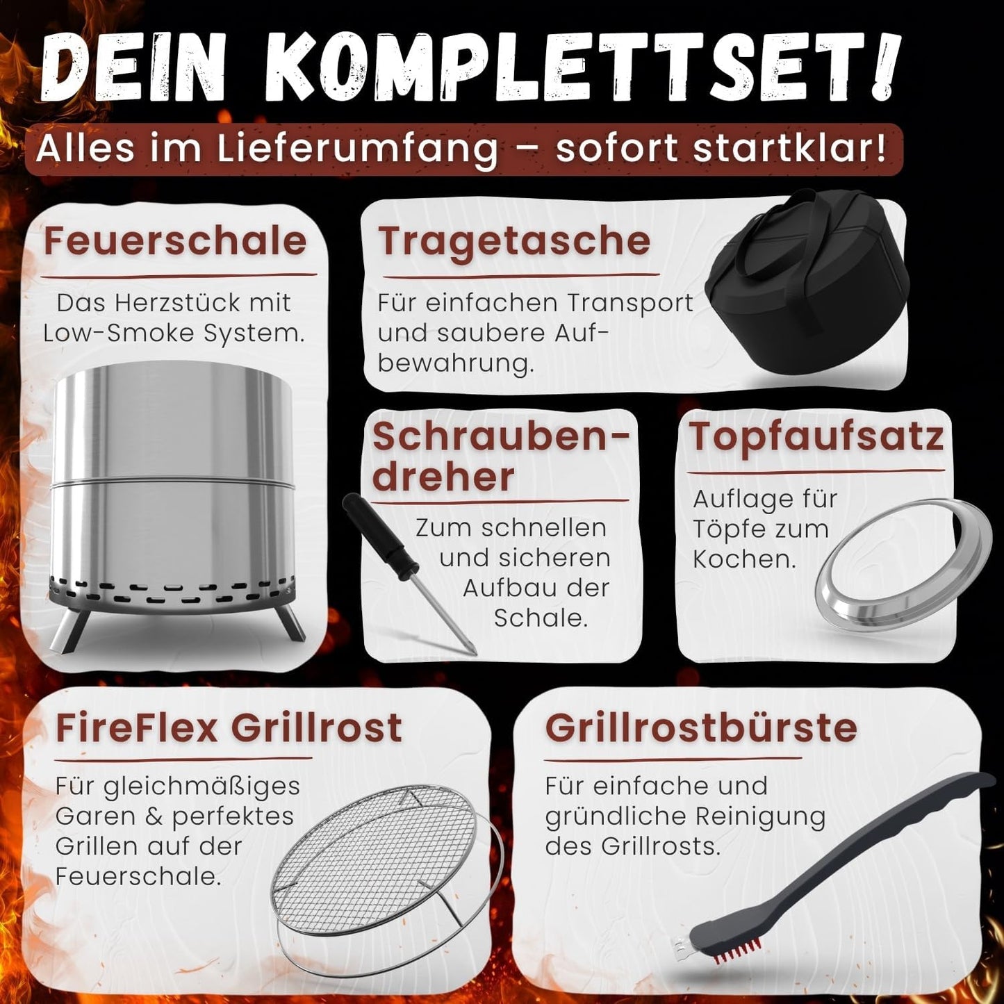 Rauchfreie Feuerschale mit Grillrost, Ø 50 cm Silber