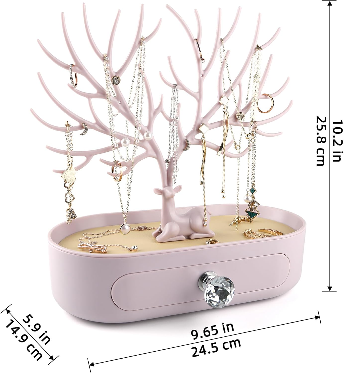 Geweih-Schmuckhalter mit Schublade und Kristallgriff, C Pink-crystal Handle