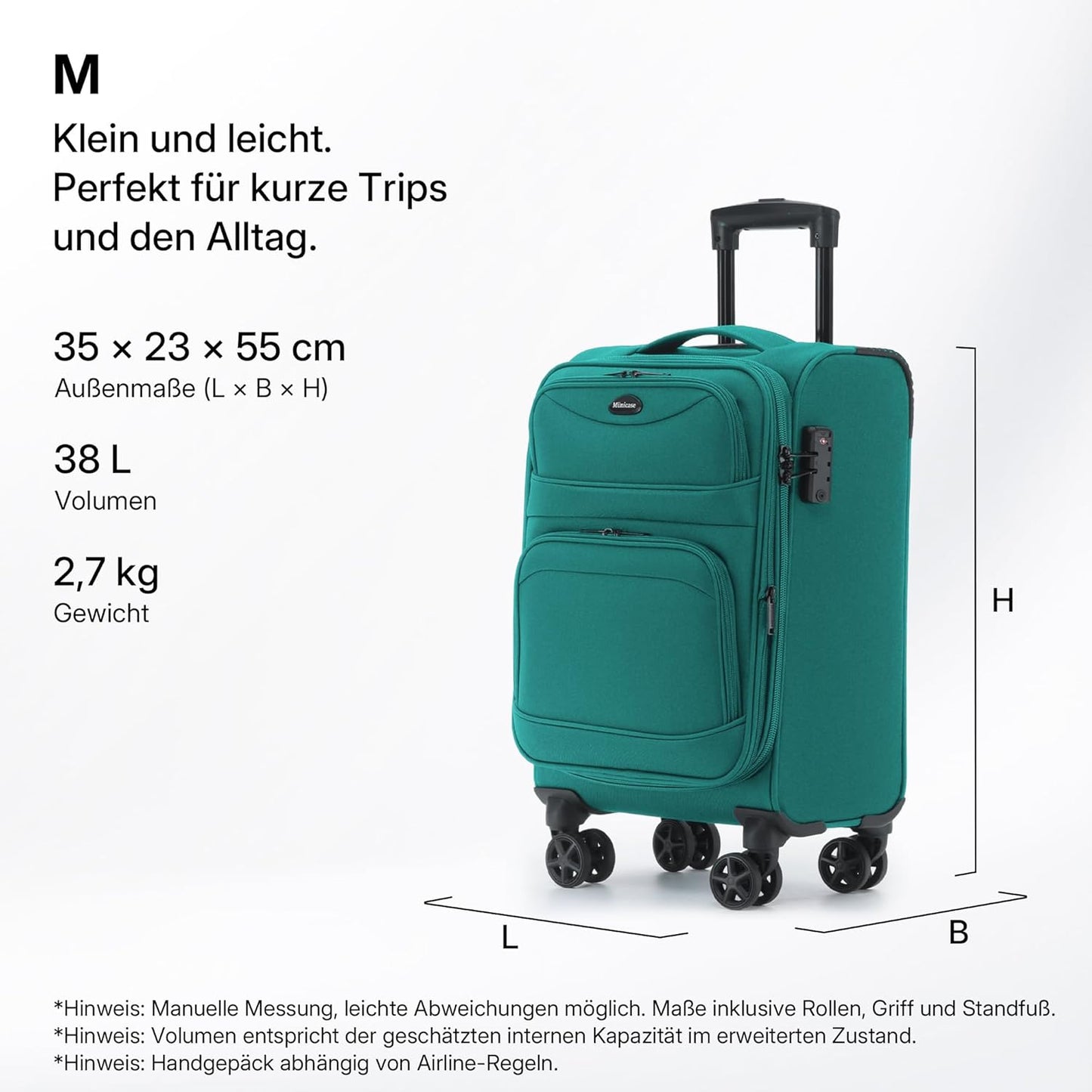 Erweiterbarer Stoffkoffer mit Frontfächern, Türkis Koffer M (55 cm) erweiterbar