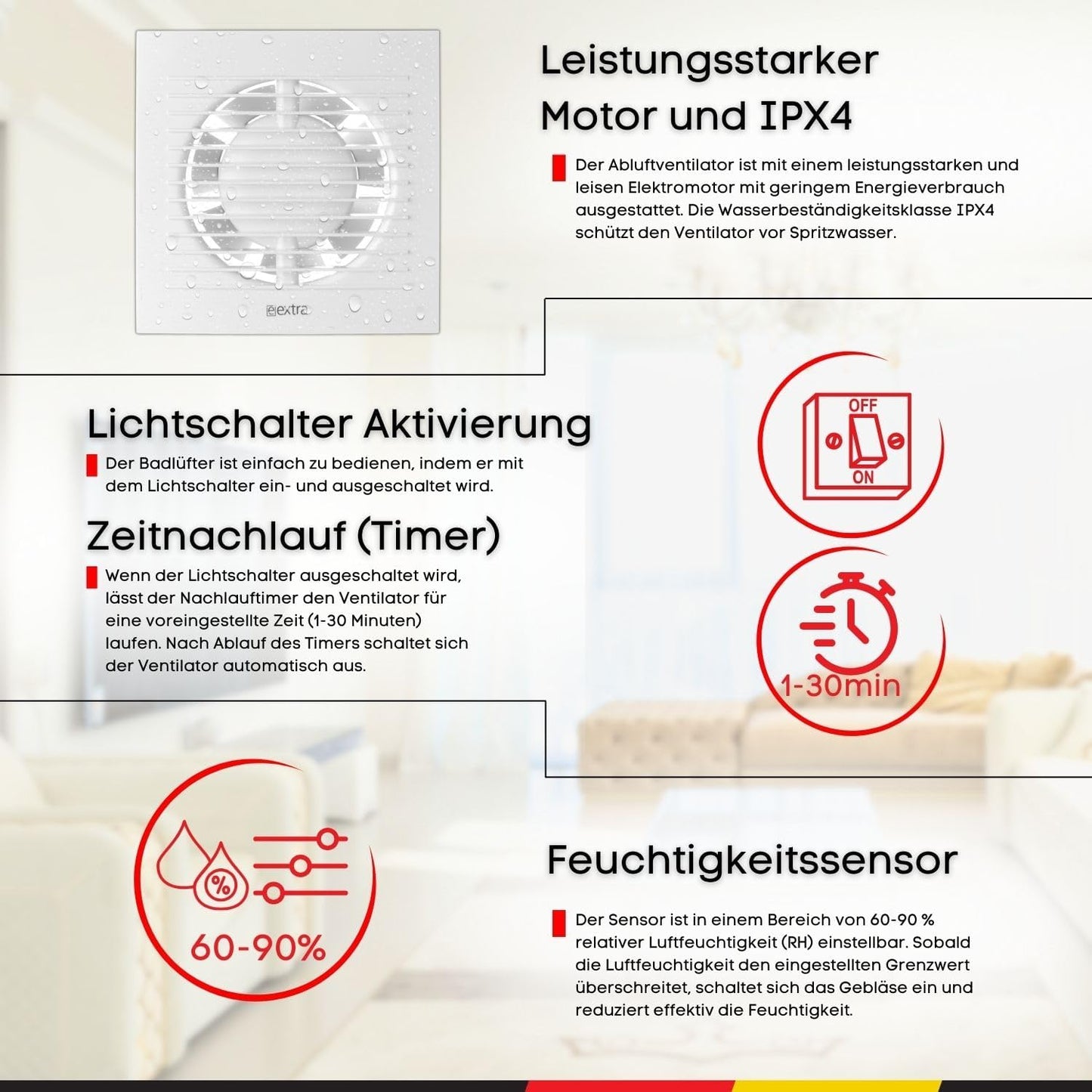 Badlüfter 100mm mit Feuchtigkeitssensor & Timer, Ø 100mm Weiss