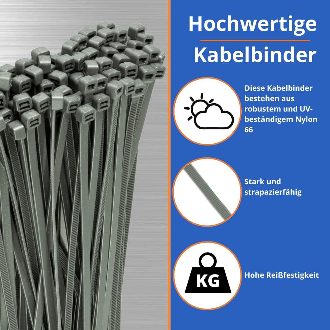 100 x Kabelbinder mit UV-Beständigkeit, 450 mm x 9,0 mm / Silber