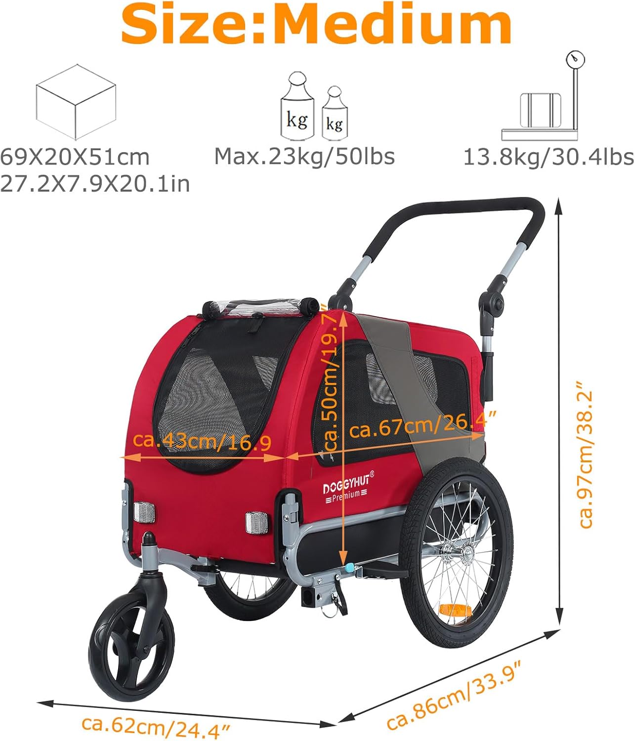 2-in-1 Hundeanhänger & Buggy für Hunde bis 23kg, Rot