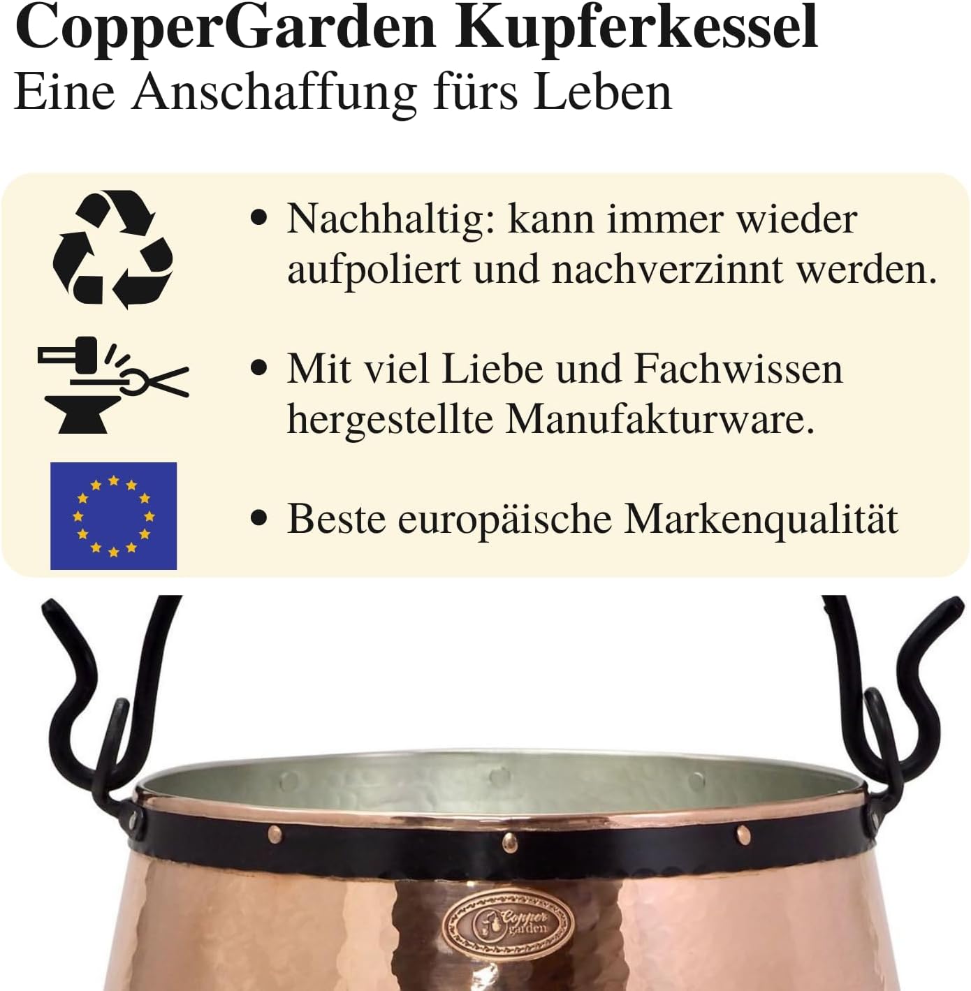 Kupferkessel mit Henkel für Gulasch, 10 L, 10 L Verzinnt