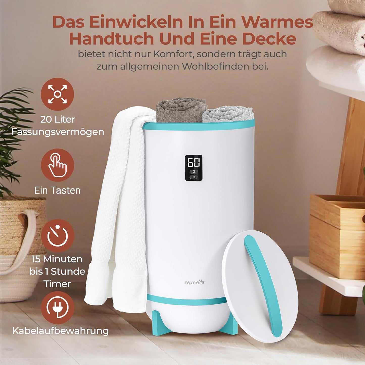 Elektrischer Handtuchwärmer mit Timer & Auto-Abschaltung, Blau