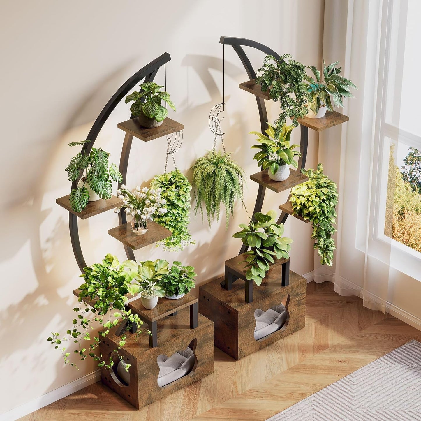 Pflanzenständer mit LED-Wachstumslichtern & Katzenbett, Vintage Braun gross