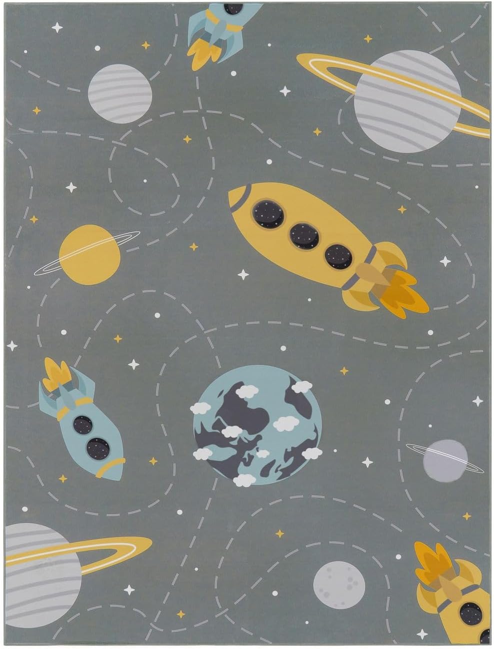 Rutschfester Kinderteppich mit Planeten Sterne Raketen, 80 x 150 cm Grau Blau Gelb
