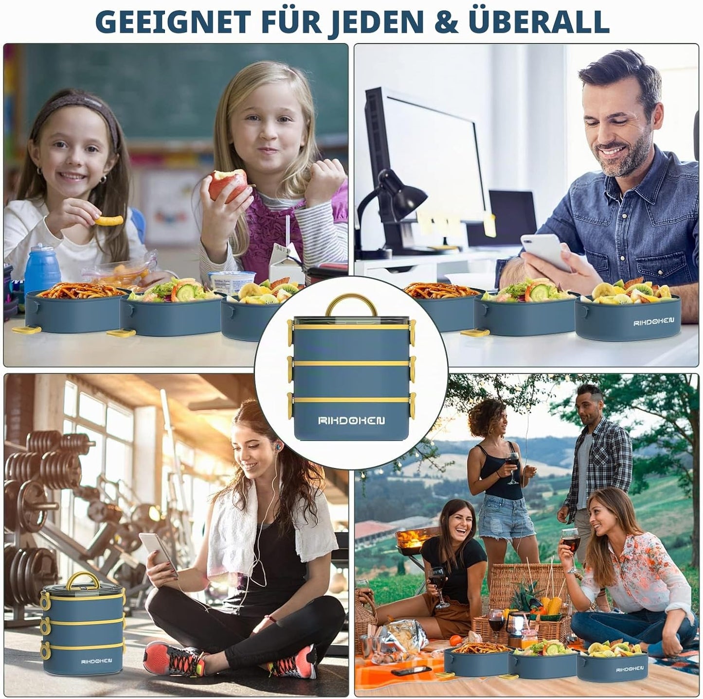 Stapelbare Bento Lunchbox (3-lagig, 2.6 l), Blau