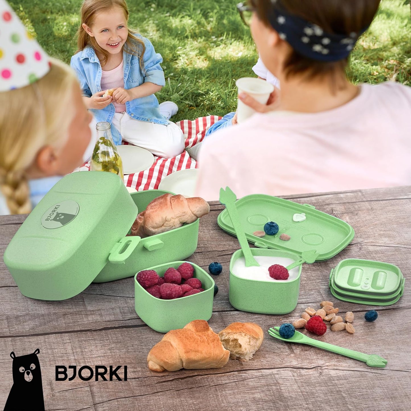 Bento Box für Kinder mit Namenssticker, Pastell Grün