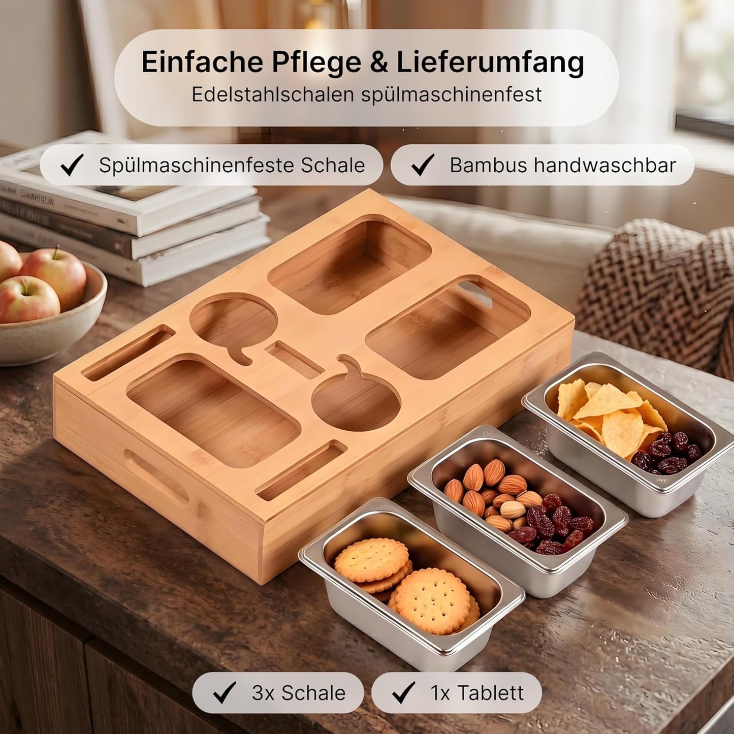 Snackbox-Sofa-Tablett mit Wein- und Snackhaltern, Bambus 40 x 26 x 8 cm mit 3 Edelstahl-Schalen