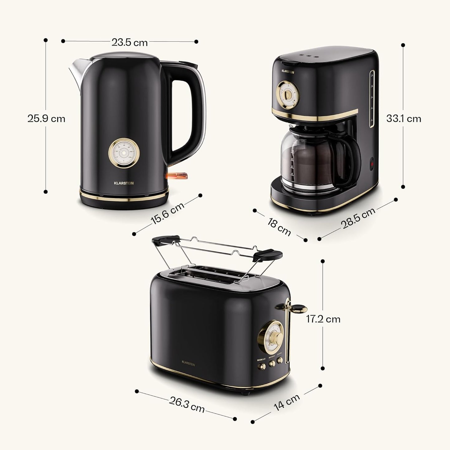Retro Frühstücksset mit Toaster, Wasserkocher & Kaffeemaschine, Schwarz Komplettset