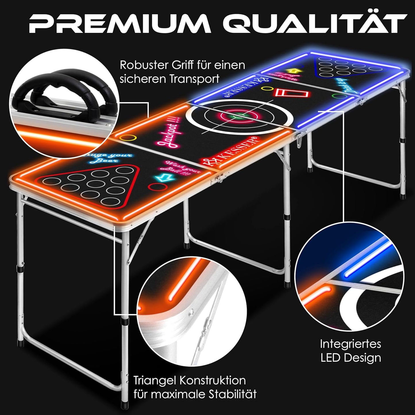 Bier Pong Tisch Set mit LED und Kartenspiel, Classic mit Led + Kartenspiel