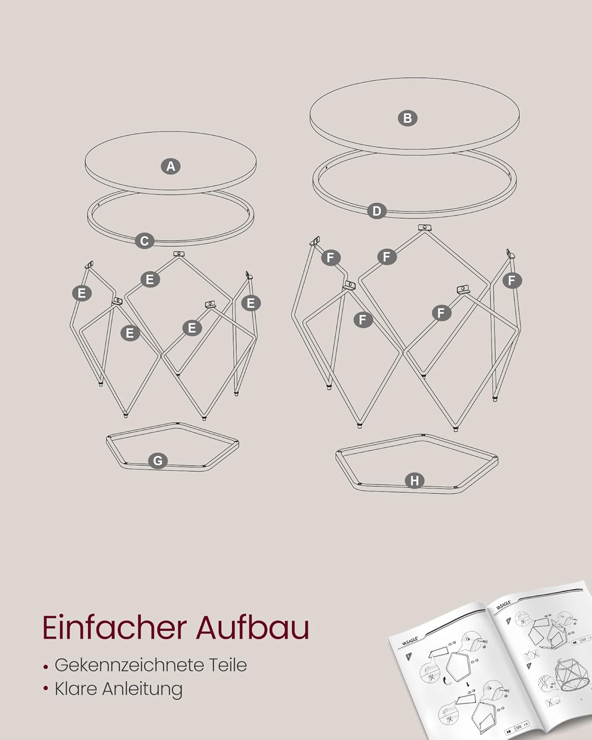 2er-Set Runder Couchtisch mit abnehmbarer Tischplatte, Transparent + Wolkenweiss