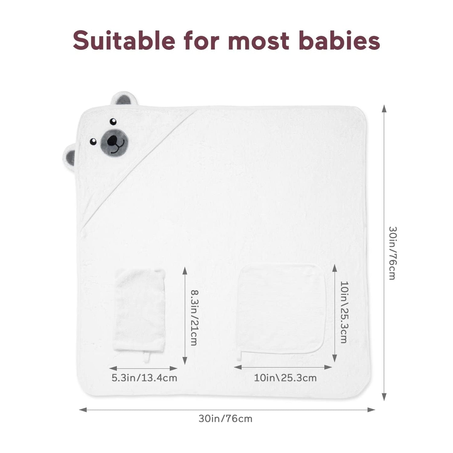 5-teiliges Baby Badetuch-Set mit Kapuze und Bärenmotiv, White