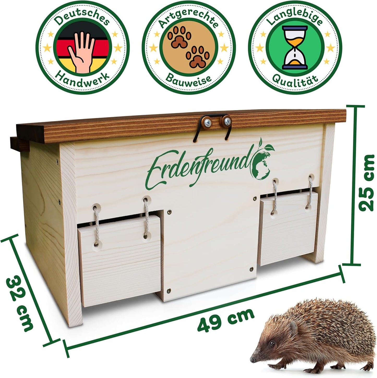 Igelfutterhaus mit Rattenklappe & Napf-Set, Igelfutterhaus inkl. 2er Set Wasser-& Futternapf