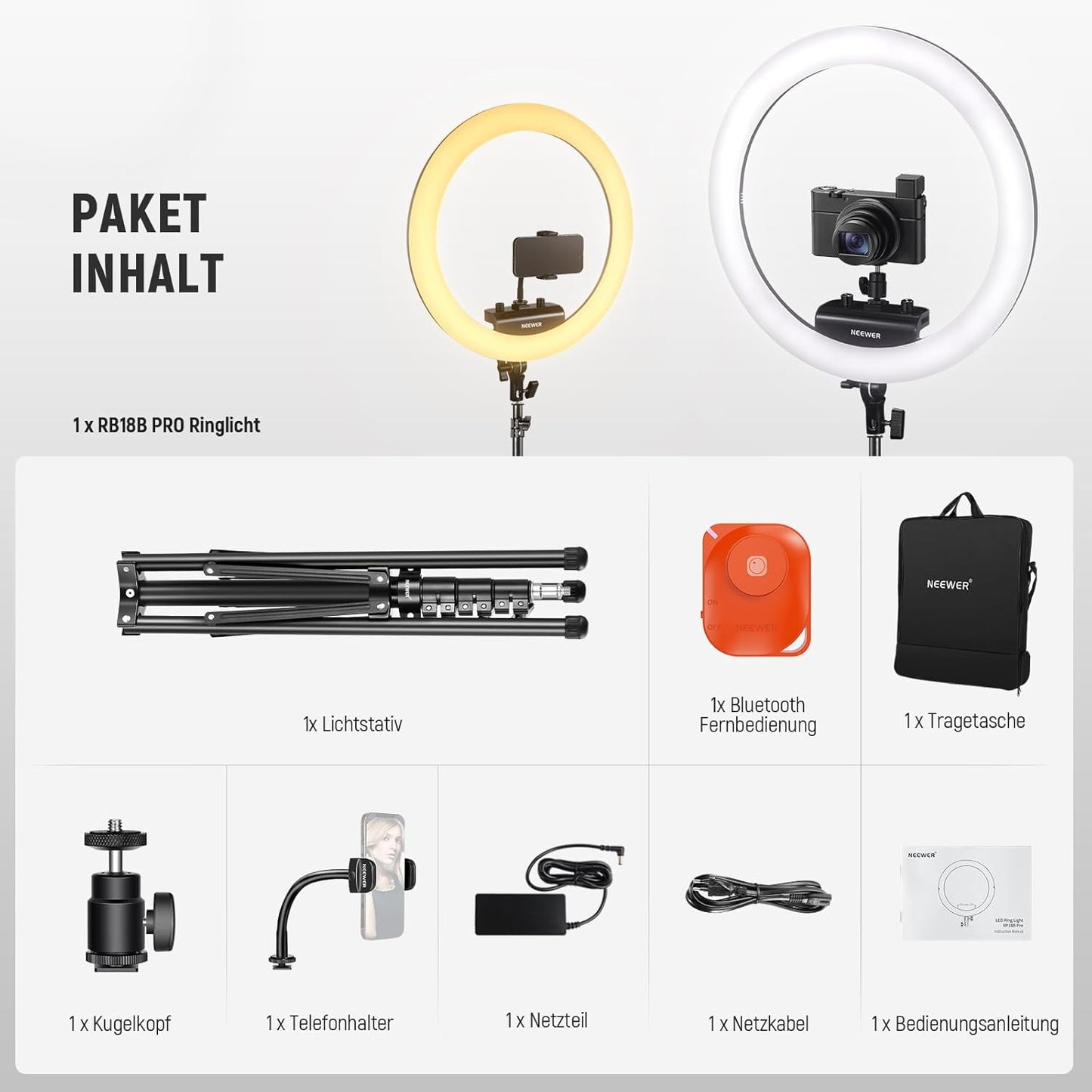 Ringlicht RP18B Pro mit Stativ und Handyhalterung, RP18B Pro mit Reinigungstuch