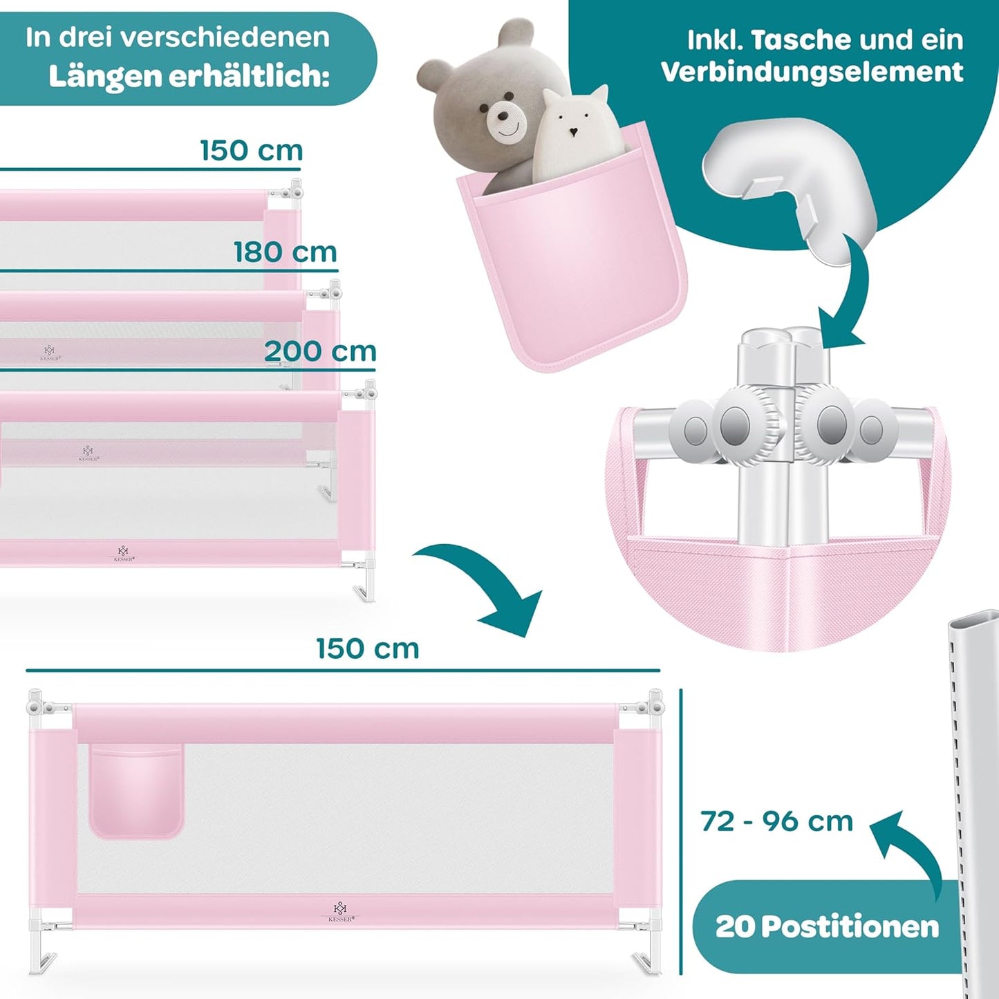 Höhenverstellbares Bettschutzgitter, Rosa 150cm