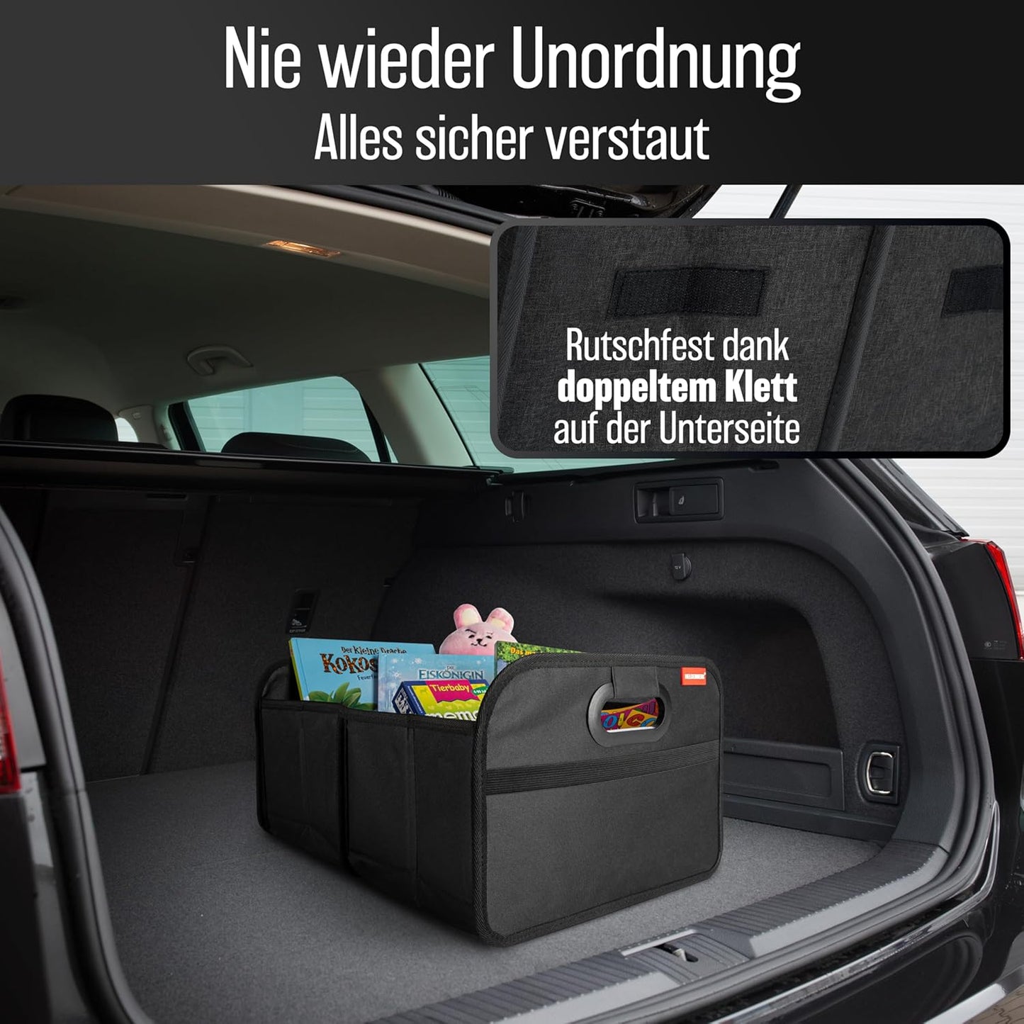 Faltbare Kofferraumtasche mit Anti-Rutsch-Klett, Schwarz