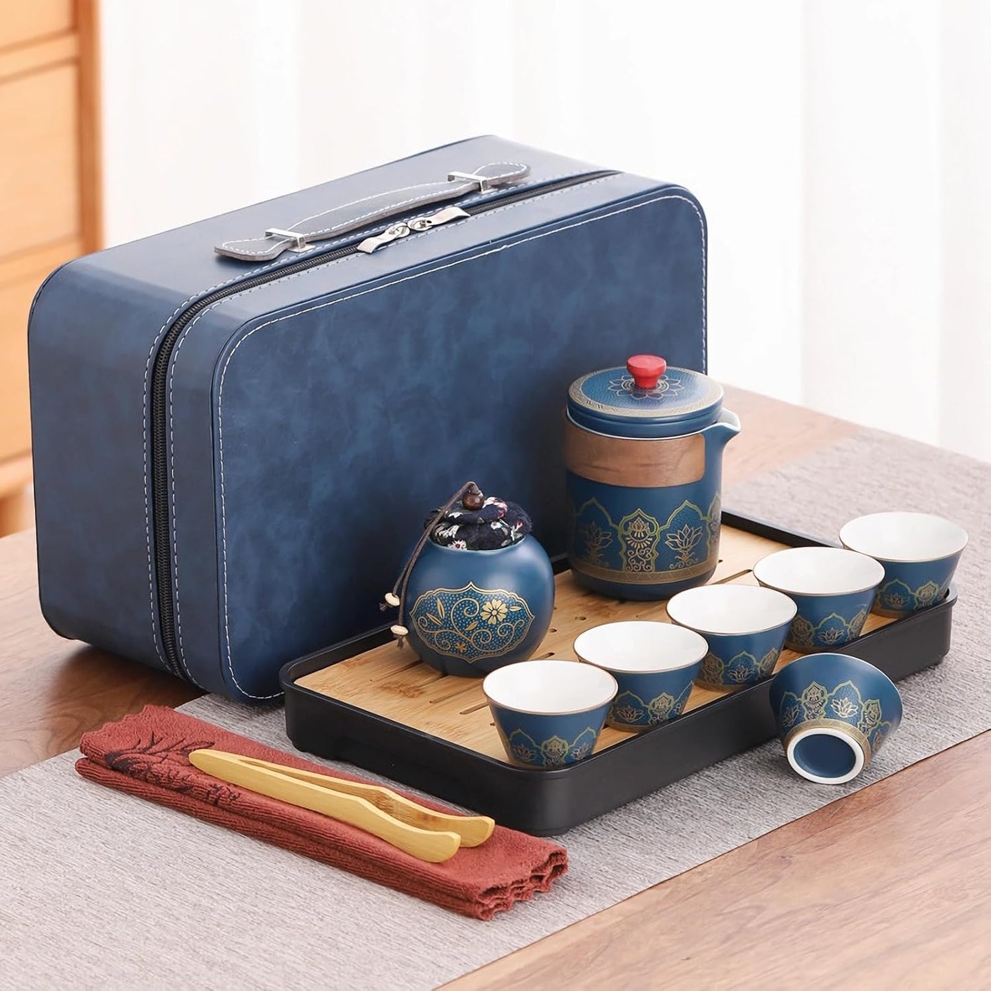 Porzellan Teeservice mit 6 Tassen & Teekanne, A-blau