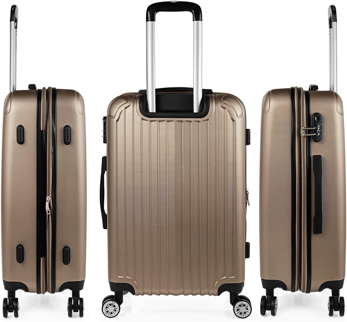 Hartschalenkoffer mit Beautycase, erweiterbar & Zahlenschloss, Champagner L + XS
