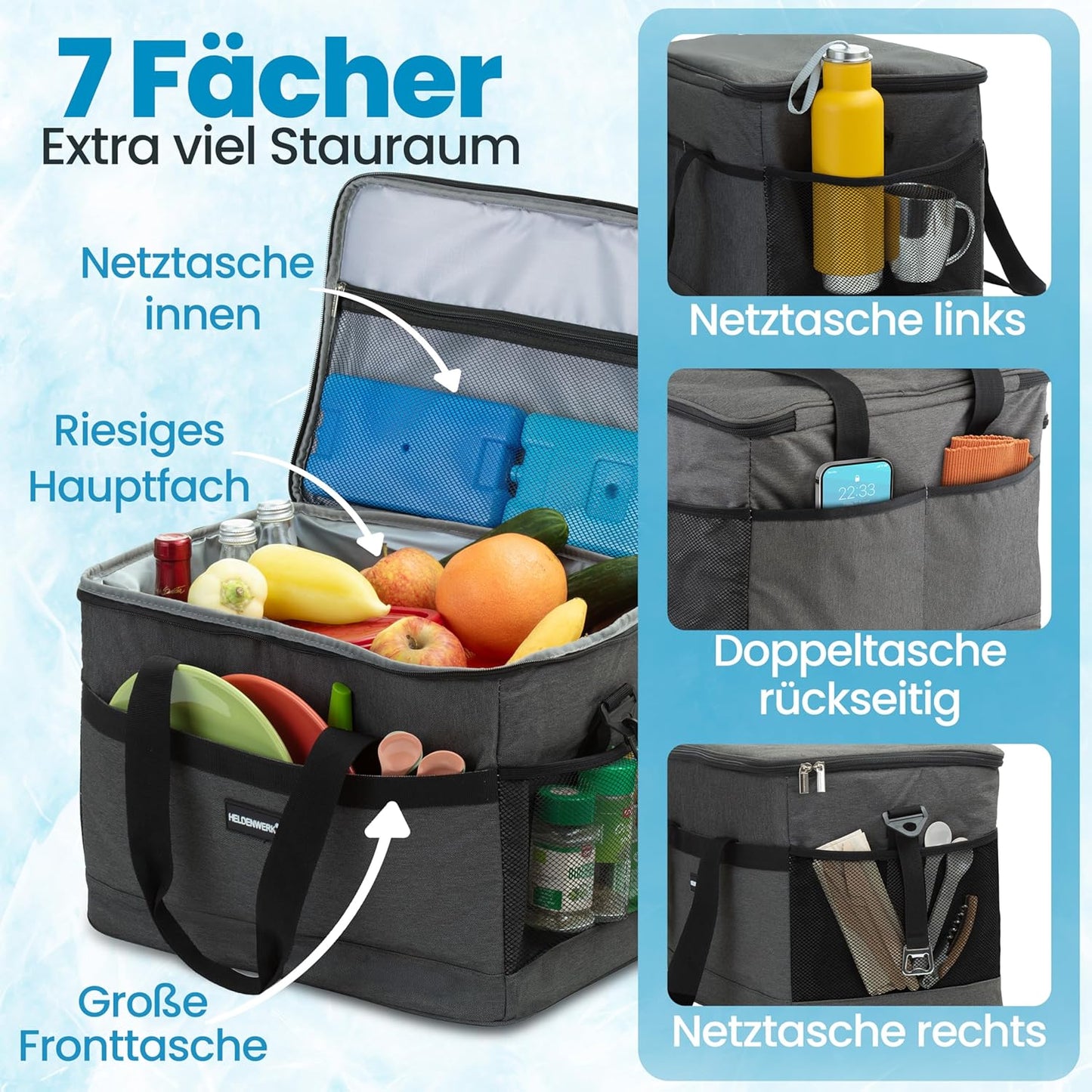 Faltbare Kühltasche mit Flaschenöffner & verstärktem Boden, Dunkelgrau 40L (L40 x B27 x H38 cm)