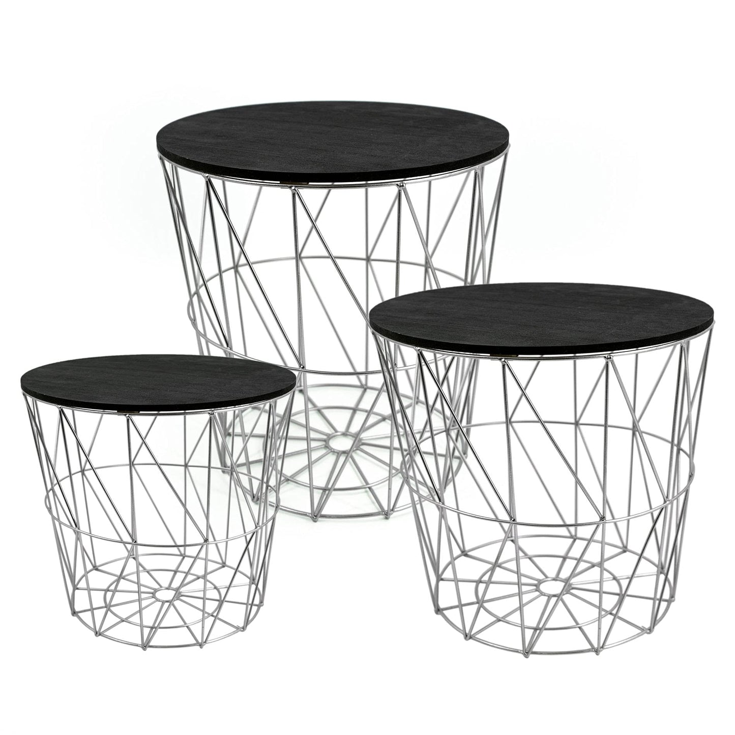 3-teiliges Beistelltisch-Set mit Stauraum, Silber / Schwarz