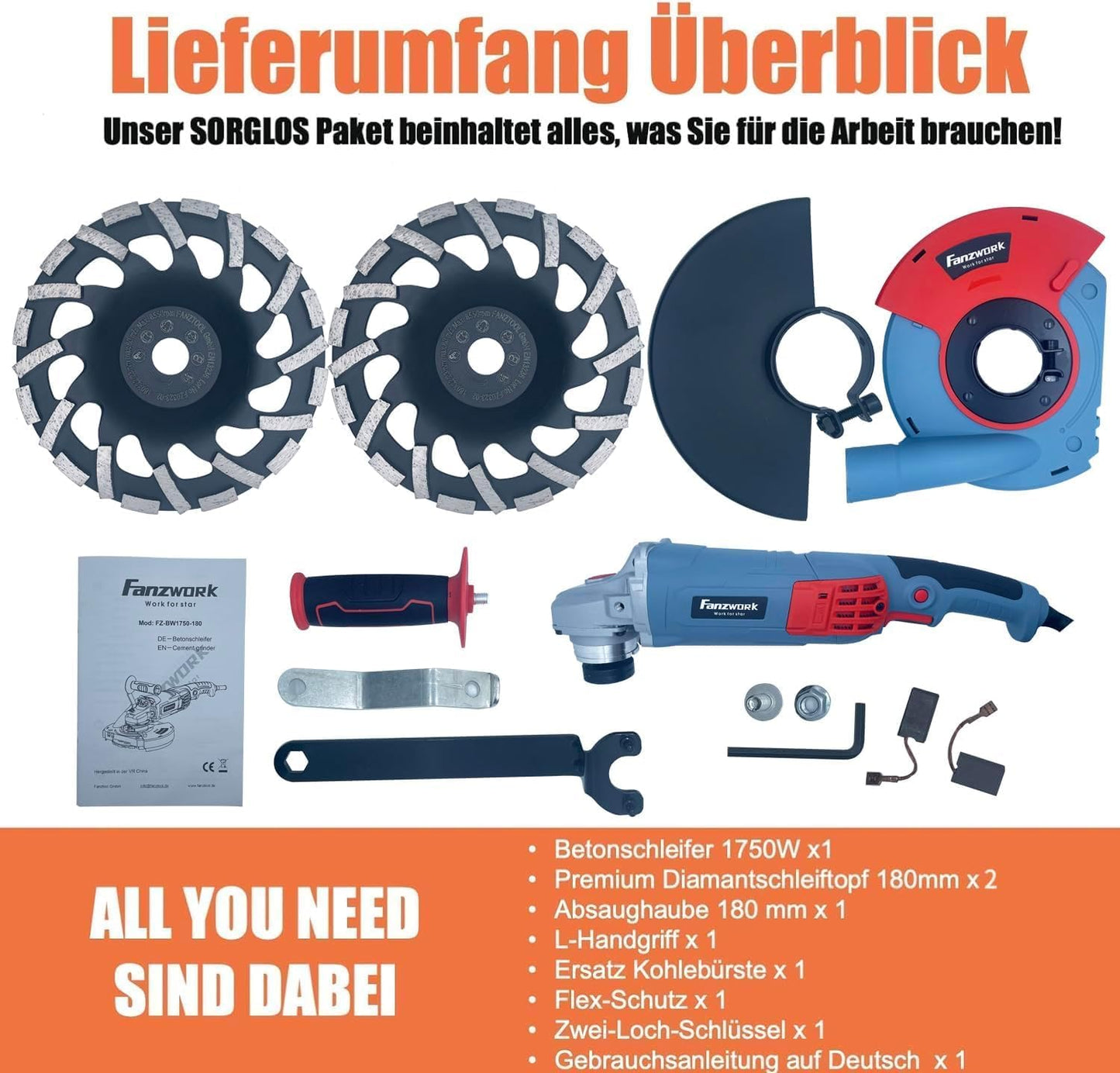 Betonschleifer Set mit Diamantschleiftöpfen, 1750W/180mm+