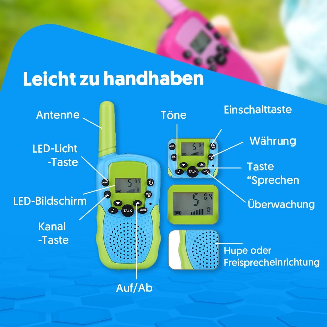 3er-Set Walkie Talkies für Kinder, Pink, Blau und Gelb