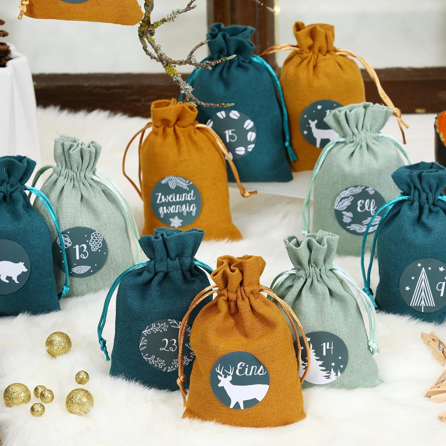 Adventskalender Stoffsäckchen zum Befüllen, Petrol