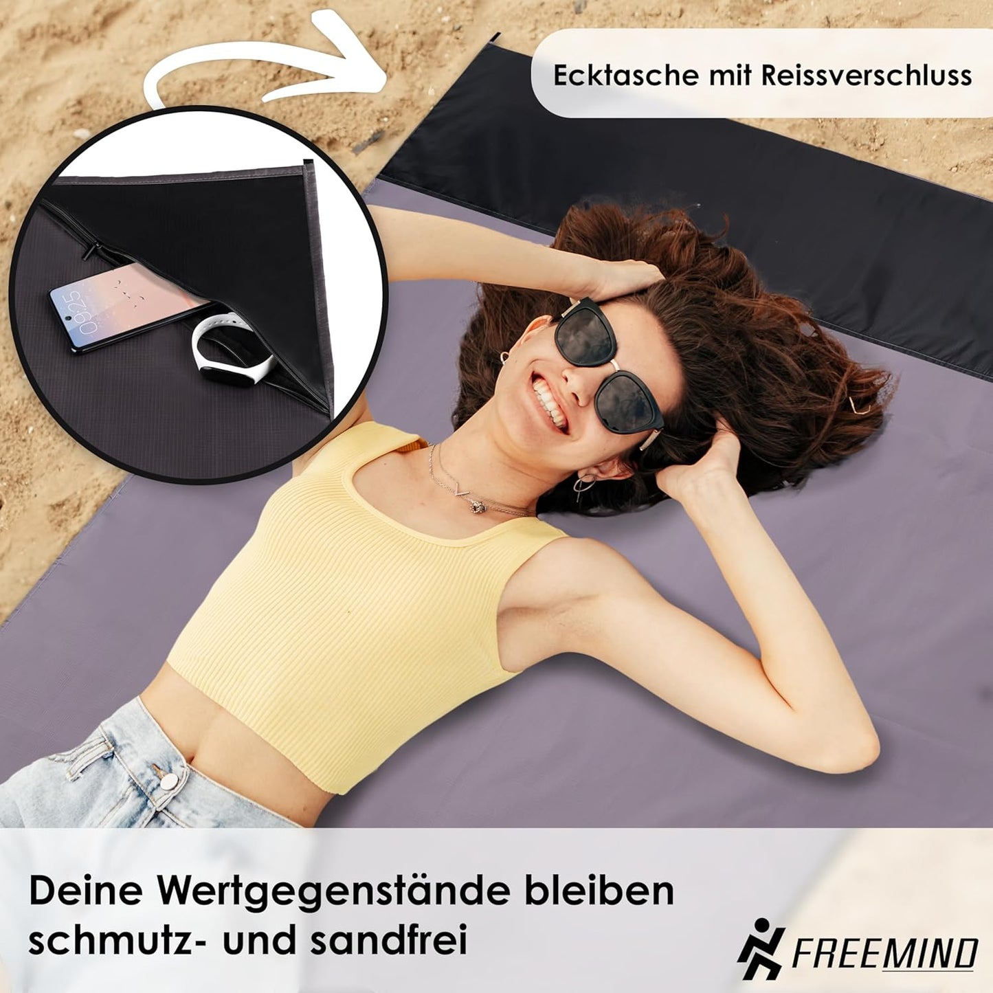 Ultraleichte Picknick- und Stranddecke, 2x2 m, Grau-schwarz 2x2 M