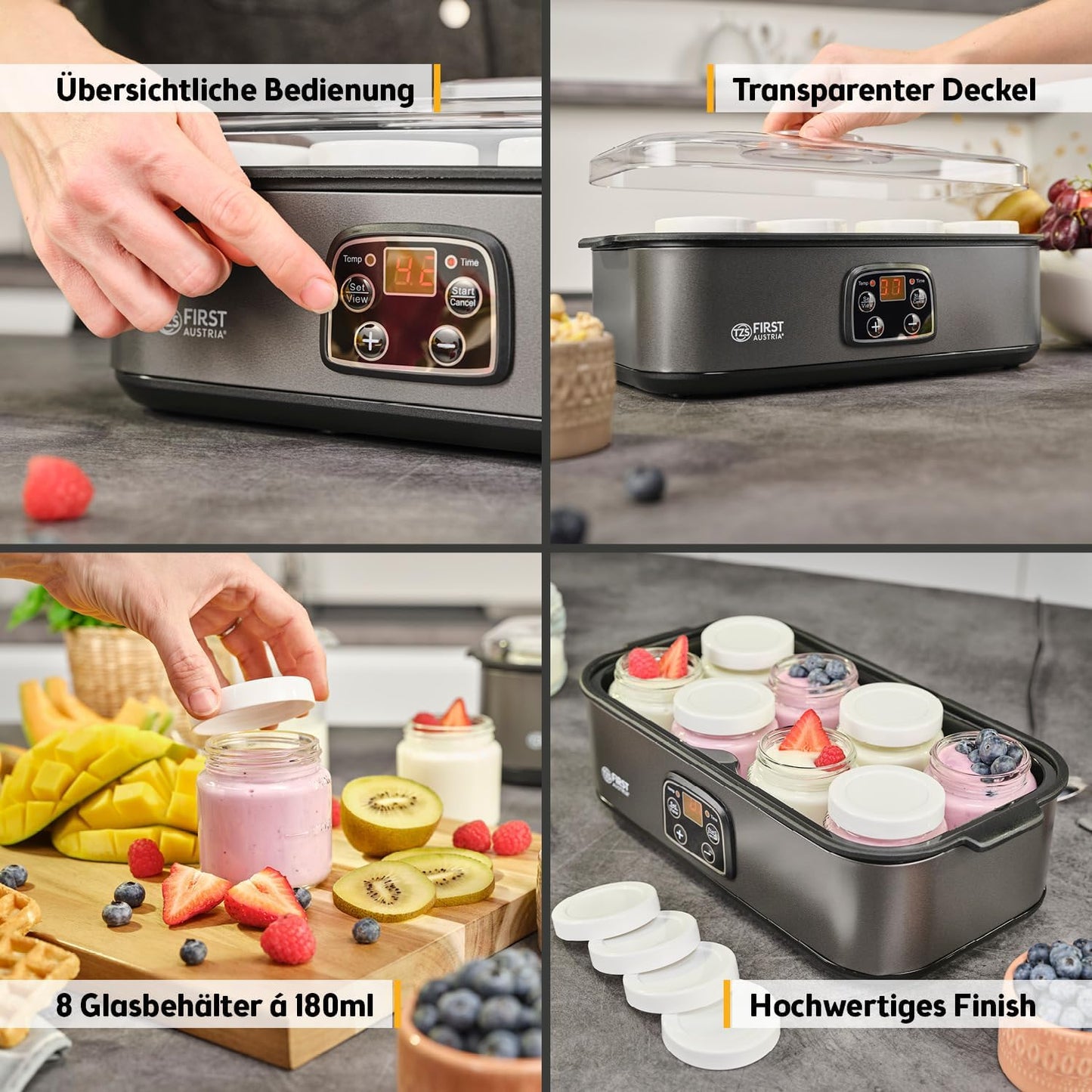 Joghurtbereiter mit 8 Glasbehältern & LCD-Display, Grau