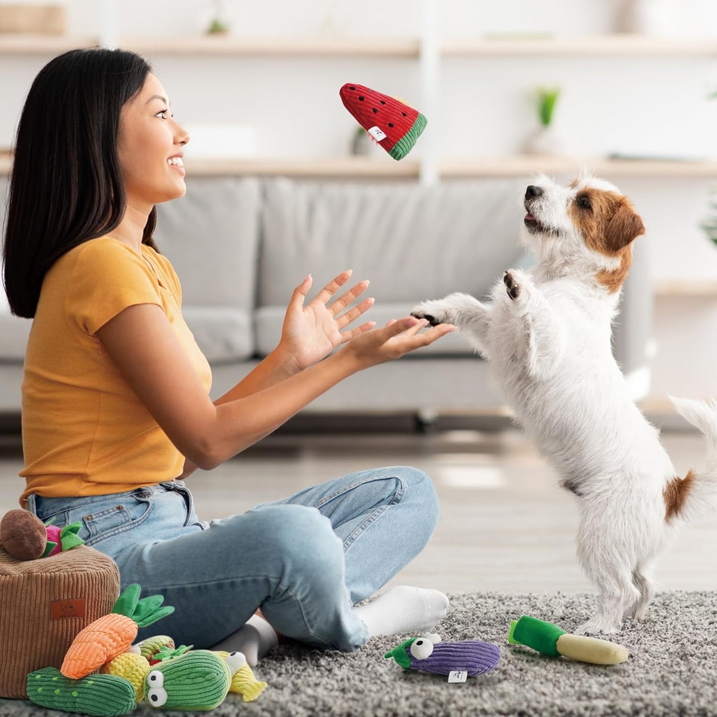 Interaktives Quietschspielzeug-Set für Hunde, 15 Stück Obst und Gemüse