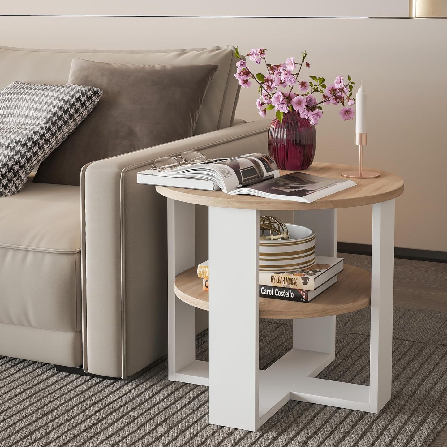 Runder Couchtisch mit Ablage, Weiß & Sonoma Eiche Durchmesser: 53CM