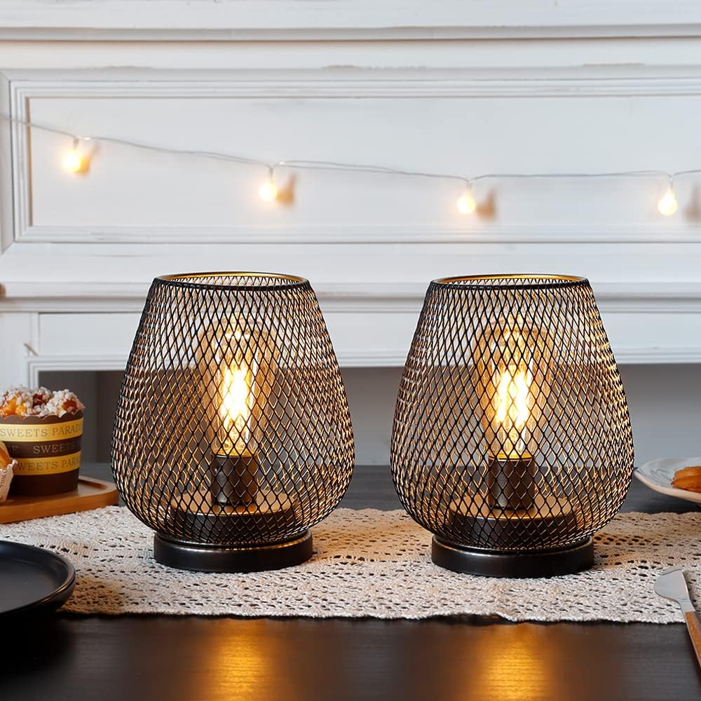 2er-Set Kabellose LED-Tischlampen im Metallkäfig-Design, Braun