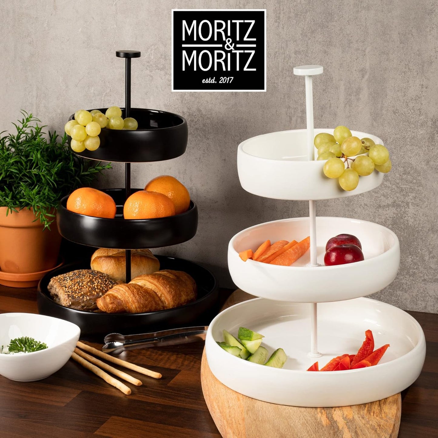 Obst-Etagere 3-stöckig aus Steinzeug mit Zange