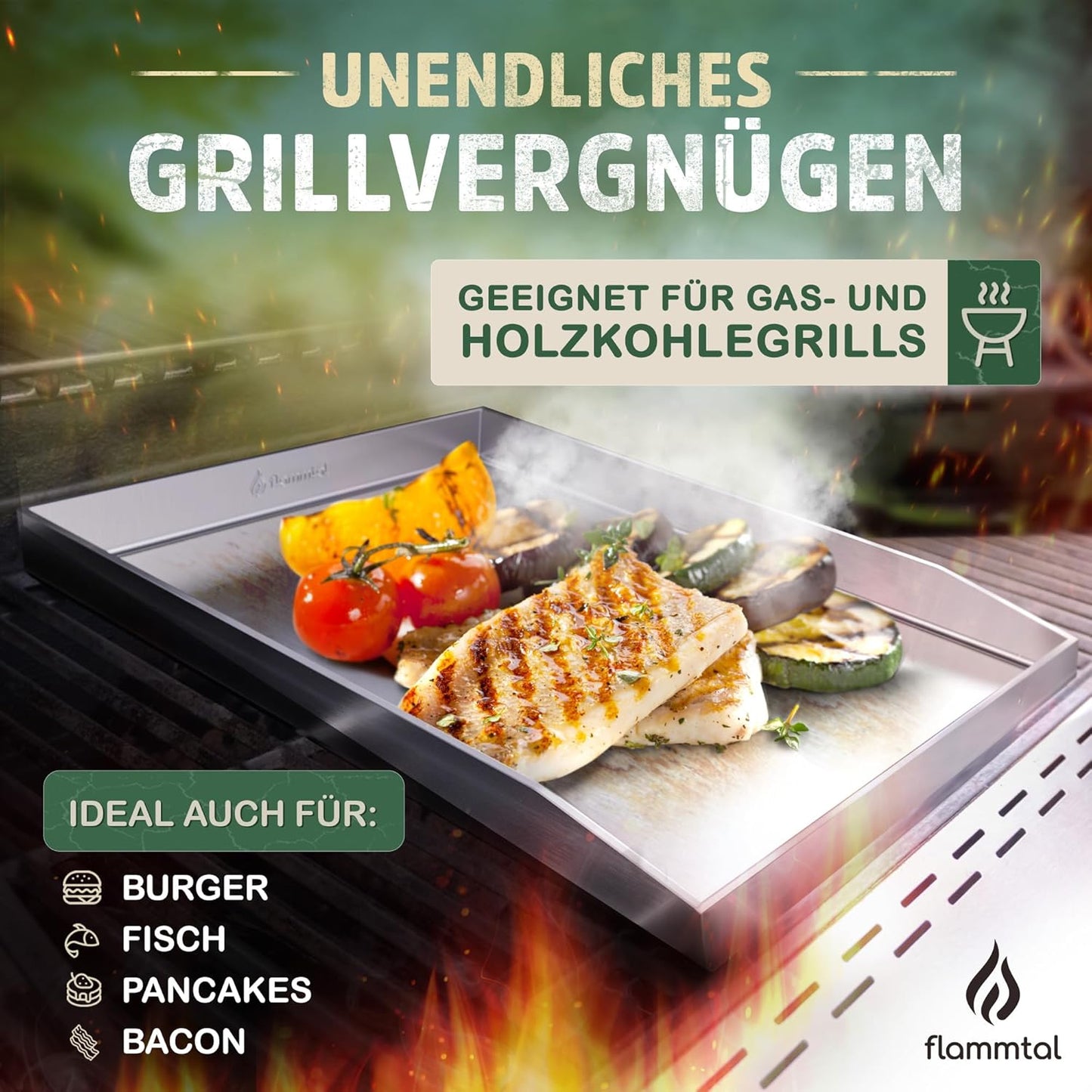 Edelstahl-Grillplatte mit Spachtel & Burgerpapier, Geschlossen (40x30cm)