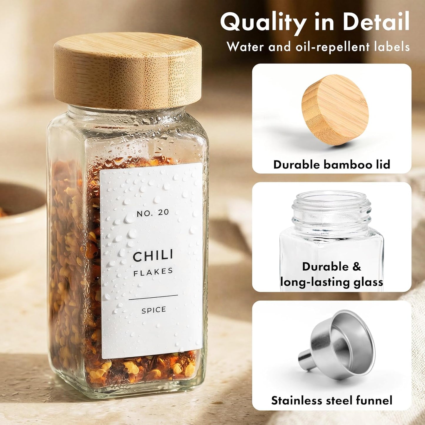 36er-Set Gewürzgläser mit Bambusdeckel und Zubehör, 36x Bamboo Jars White Stickers