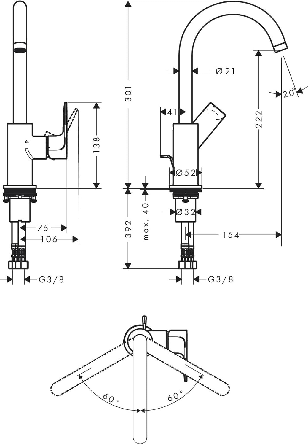 Rebris E Einhebel-Waschtischarmatur, Auslaufhöhe 210mm mit Zugstangen-Ablauf / schwenkbar Chrom
