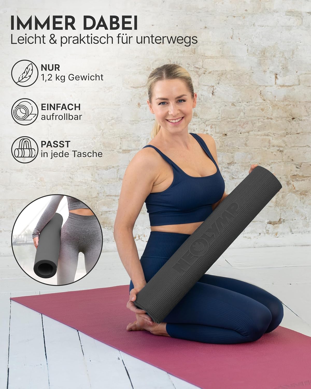 Yogamatte rutschfest & gelenkschonend 183x61cm, Anthrazit